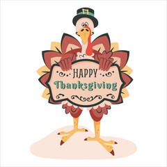 Thanksgiving turkey isolated on white background. Cute happy turkey congratulates with thanksgiving day.  Funny cartoon character holding vintage frame with greeting text.  Vector illustration 