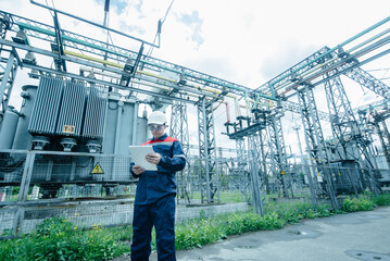 An energy engineer inspects the modern equipment of an electrical substation before commissioning....