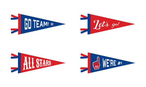 Set of sports team pennants. Retro sports colors labels. Vintage hand drawn wanderlust style. Isolated on white background. Good for t shirt, mug, other identity. Vector illustration.