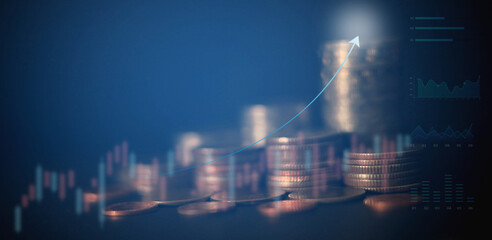 Obraz premium Stack of coins and graphs with business sector growth rates, concepts, finance, investment, banking.