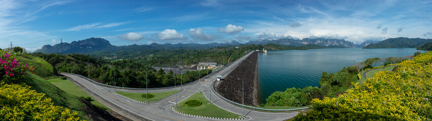 Obraz na płótnie Canvas The extra panorama view of Ratchaprapha Dam, Cheow Lan Lake, Surat Thani Province, Thailand.