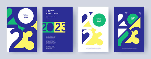 Creative concept of 2023 Happy New Year posters set. Design templates with typography logo 2023 for celebration and season decoration. Minimalistic trendy backgrounds for branding, banner, cover, card