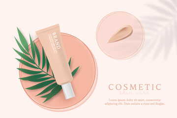 Natural cosmetics product ads template on pink background with leaves.
