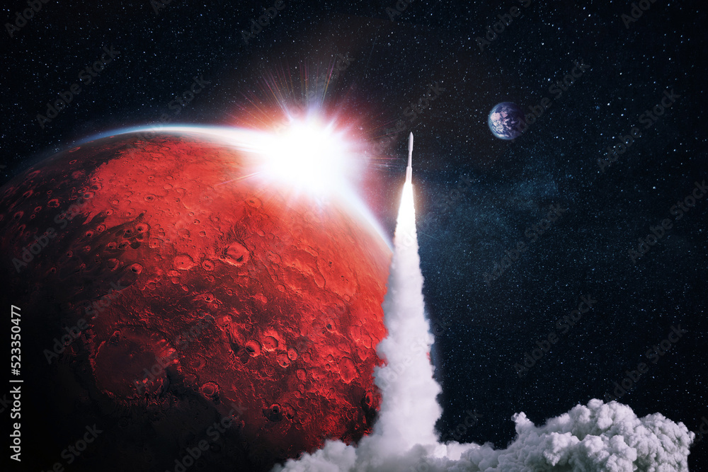 Poster Space rocket successfully takes off into space with the red planet mars with the sunset. Space mission and a spaceship. Concept of space exploration and travel to other planets