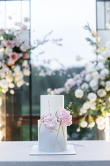 Beautiful wedding cake covered in chocolate velour with gradient and fresh flowers. Beautiful pink...