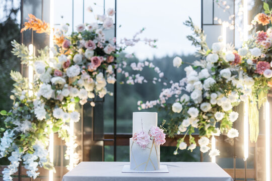Beautiful wedding cake covered in chocolate velour with gradient and fresh flowers. Beautiful pink hydrangea. Outdoor registration area with a backdrop of a lake and green trees. 