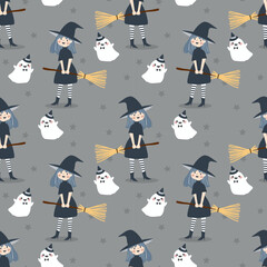 Cute Witch and Lovely Ghost Seamless Pattern