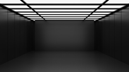 Dark black empty architecture interior space room studio background backdrop wall display products minimalistic. 3d rendering.
