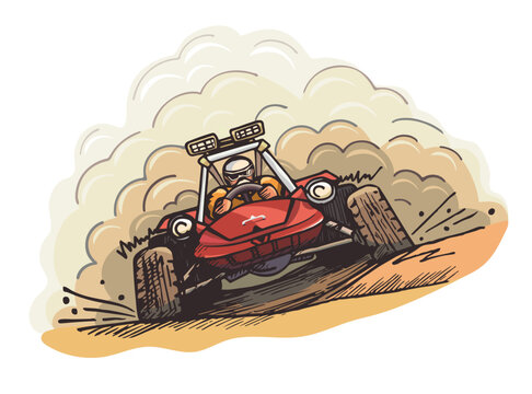 Red Buggy car, dust racing, colorful vector bright motorsport illustration, hand drawn cartoon image extreme driver