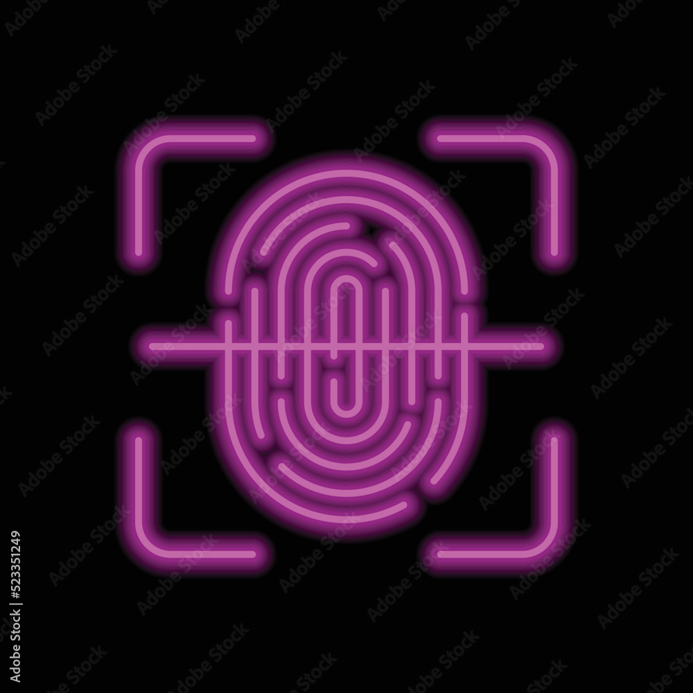 Poster fingerprint with scan simple icon vector. flat design. purple neon on black background.ai