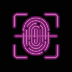 Obraz premium Fingerprint with scan simple icon vector. Flat design. Purple neon on black background.ai