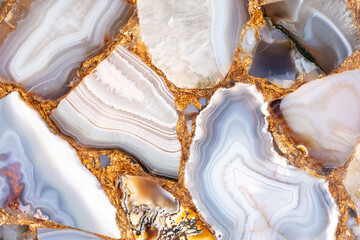Agate Grey unique precious stone texture with a gold leaf for luxury interior design. Semiprecious grunge stone surface close-up. Pattern for wall and floor tiles as part of luxury interior design.