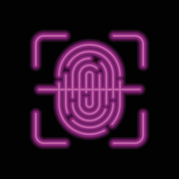 Fingerprint with scan simple icon vector. Flat design. Purple neon on black background.ai