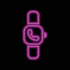 Hand watch, call simple icon vector. Flat design. Purple neon on black background.ai