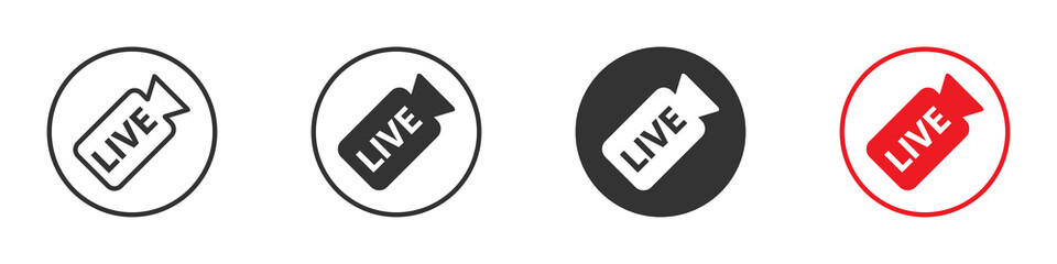 Live stream icons set. Video camera with the text: live, online, video stream. Vector illustration.