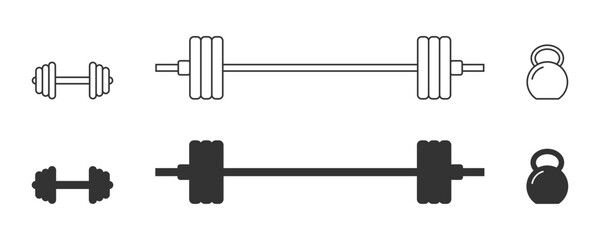 Weights icons set. Barbell, dumbbell, and  kettlebell icons. Vector illustration.