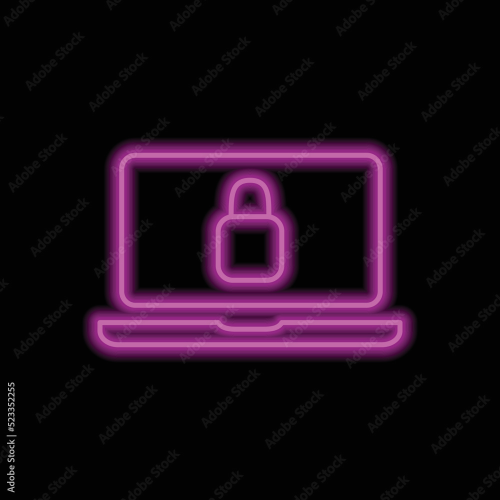 Poster notebook with lock, security simple icon vector. flat design. purple neon on black background.ai