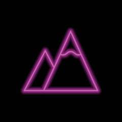 Mountain simple icon vector. Flat design. Purple neon on black background.ai