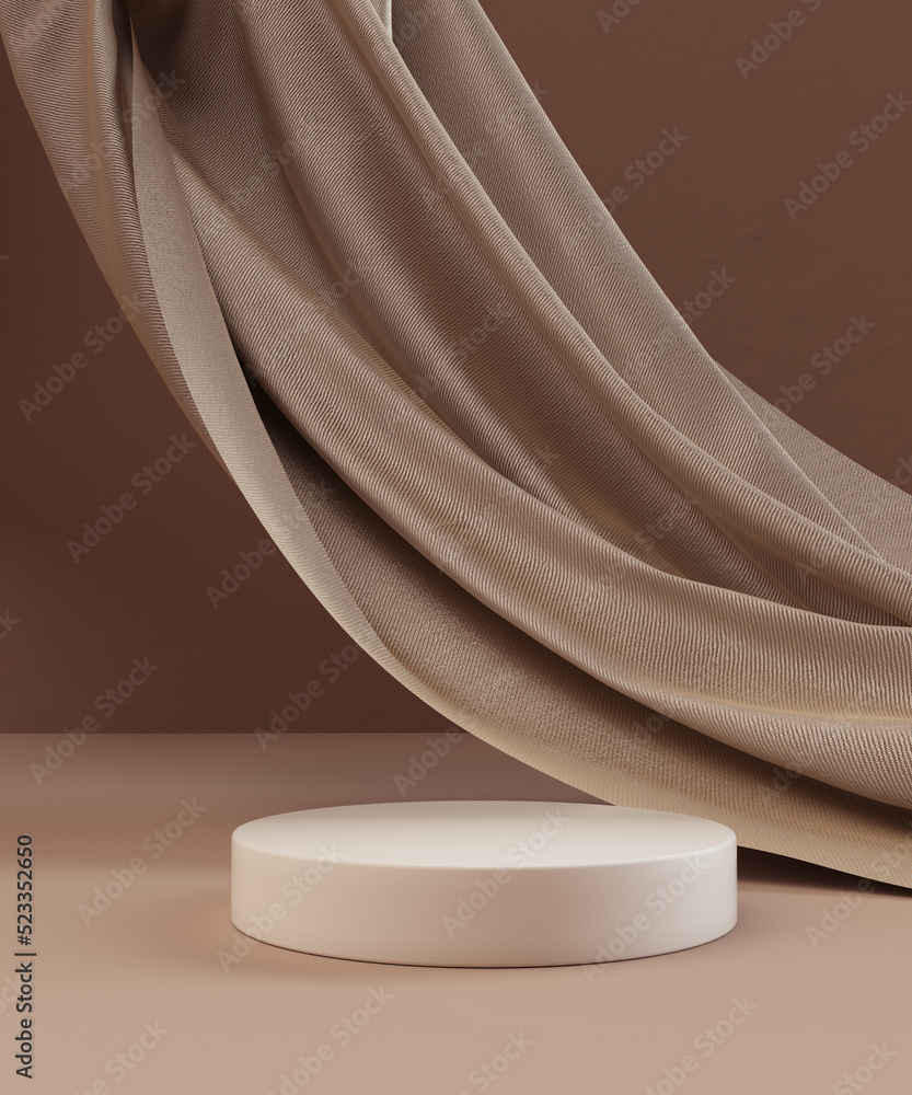 Wall mural Premium podium and cloth, elegant platform, beige pastel fashion background. Mockup for the exhibitions, presentation of products, 3d rendering. Composition of fabric folds, cloth element.