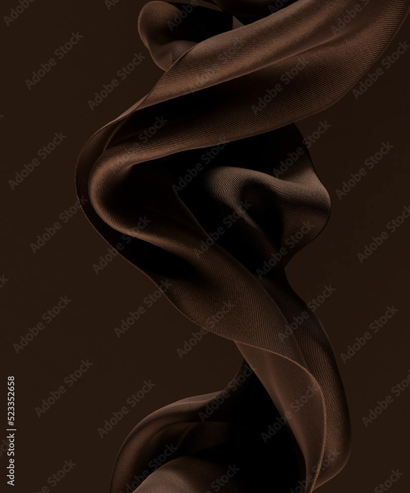 Poster abstract fabric design element, flying brown piece of silk cloth, 3d rendering fashion background.