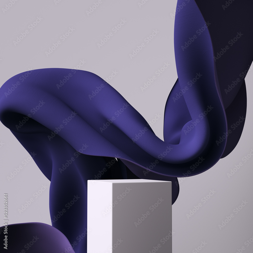 Poster abstract minimal scene for product display, object placement background and flying purple fabric, 3d