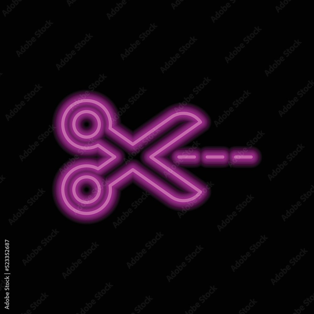 Poster scissors with cut line simple icon vector. flat design. purple neon on black background.ai