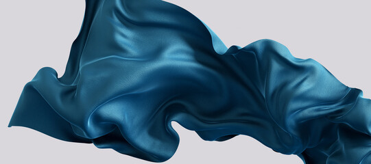 fabric blue material 3d illustration, flying cloth abstract design element, satin scarf movement in the air.