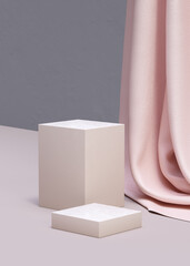 Premium podium and cloth, elegant platform, pink pastel fashion background. Mockup for the exhibitions, presentation of products, 3d rendering. Composition of fabric folds, cloth element.