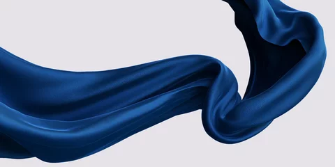 Zelfklevend Fotobehang Blue dynamic Cloth silk scarf movement, floating fabric background, 3d rendering elegant silk textiles fly © Chili