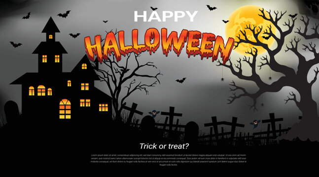 Happy halloween greeting card with haunted house scary tree on moon vector illustration