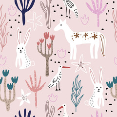 Seamless vector pattern with rabbits, horses, egrets, trees, cactus, flowers, leaves, hand drawn tulips and dots on pink background. Used for wallpaper. textile and print