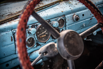 Classic, vintage dash with visible instrument cluster of a old truck from late 70s