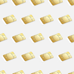 Gold nano sim card seamless pattern. Vector illustration of a smartphone chip. Outdated technology.