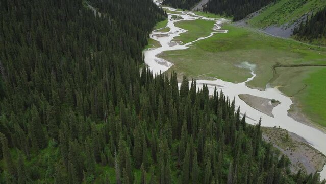 Karakol valley in Chuy Region in Kyrgyzstan. Green valley in mountains.