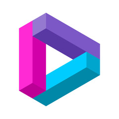 Impossible triangle shape. Colorful geometric triangular object. Stylized play button. Letter D logo template. Optical illusion made of rectangles. 3D Visual trick. Arrow. Vector illustration,clip art