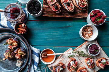 Figs stuffed with goat cheese. Figs with nut and honey cheese. Shallow dof. Figs with nut. blue cheese and honey. Delicious appetizer, ideal as an aperitif