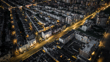 Brighton on early evening showing some night light from above, Brighton, East Sussex, UK