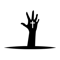 Black zombies hand with christian cross crucifix in hole graveyard Halloween flat icon vector design.