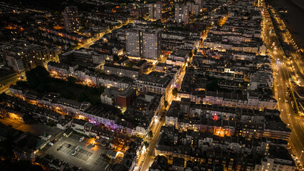 Aerial view of Brighton at night with all the colours coming out, East Sussex, UK