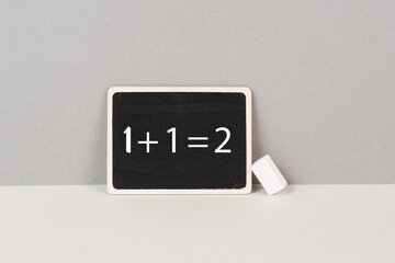 Chalkboard with math equation of the first grade, back to school and education concept
