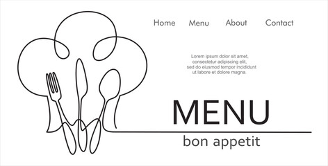 One single line drawing of chef hat or cap with fork, spoon and knife for restaurant vector graphic illustration. Elegant cafe badge concept. Modern continuous line draw design street food logotype