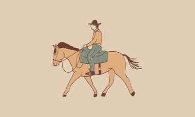 cowboy riding his horse hand drawn vintage illustration