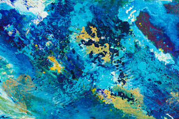 Creative abstract painting in a blue tone. Fluid art technique. liquid art pattern. Original simulation of the depth of the ocean and the sea surface. Modern design. Drawing with acrylic paints.