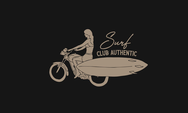 woman riding a motorcycle and carrying a surf board