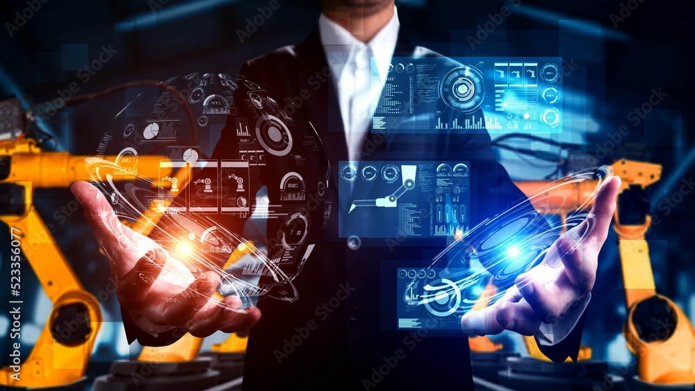 Poster engineer use cybernated robotic software to control industry robot arm in factory . automation manuf