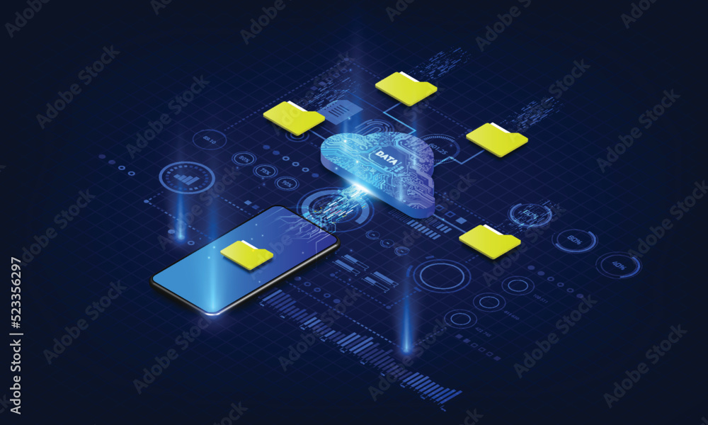 Poster cloud computing concept. data protected exchange on smart phone or other mobile device and online st