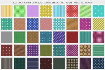 Fototapeta na wymiar Collection of vector colorful geometric seamless patterns. Simple dotted and striped textures - repeatable unusual backgrounds. Textile endless prints