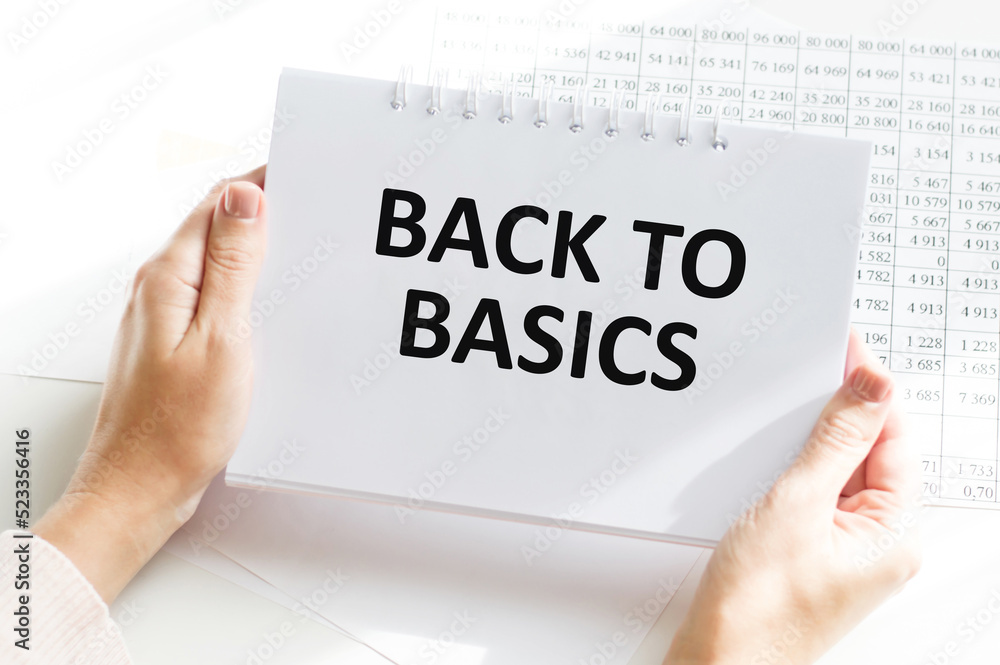 Poster man's hand holding a business card with text back to basic. notepad with eyeglasses and text documen