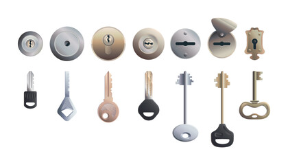 Set of keys and keyholes, vector isolated elements on a white background. Design of 7 various modern metal keys for door locks. Realistic Colorful vector clipart.