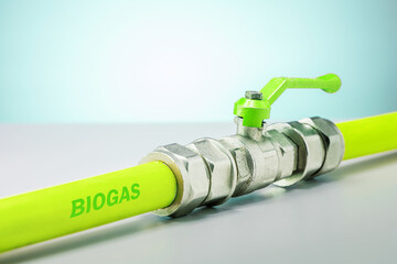 Pipeline with biogas on green background. Ecology solution bio energy. Eco concept. - obrazy, fototapety, plakaty